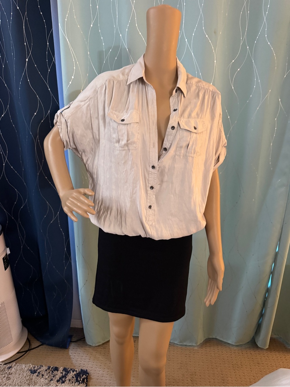 Y2K Express Cream Nude Satin Shirt Dress | Career Mini Dress | Size Small